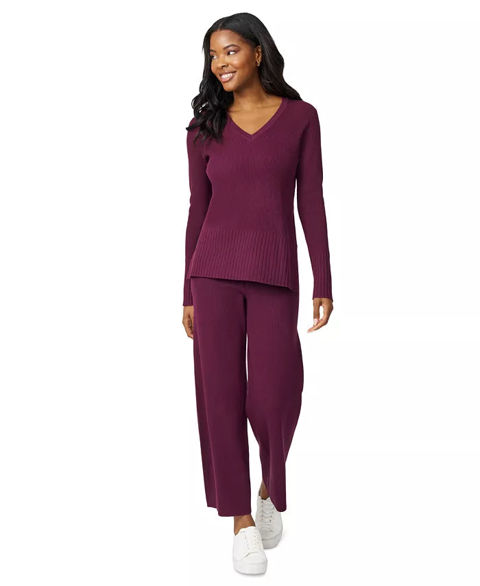 Petite Ribbed-Knit V-Neck Tunic & Pant Sweater Set
