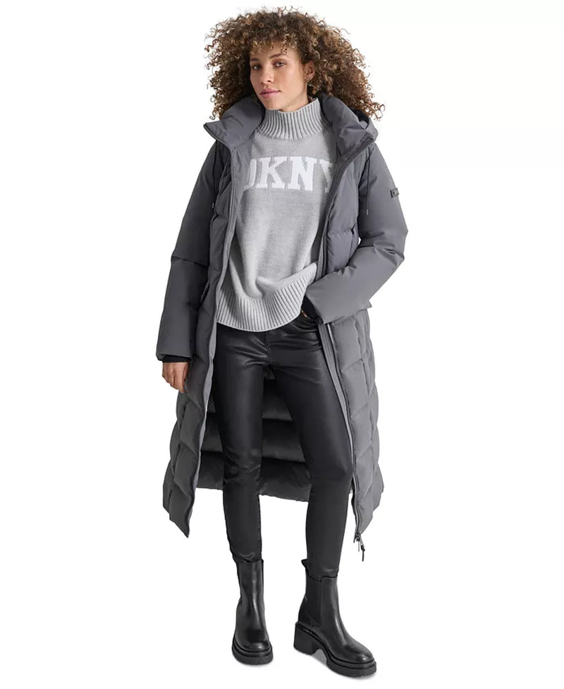 Womens Maxi Belted Hooded Puffer Coat