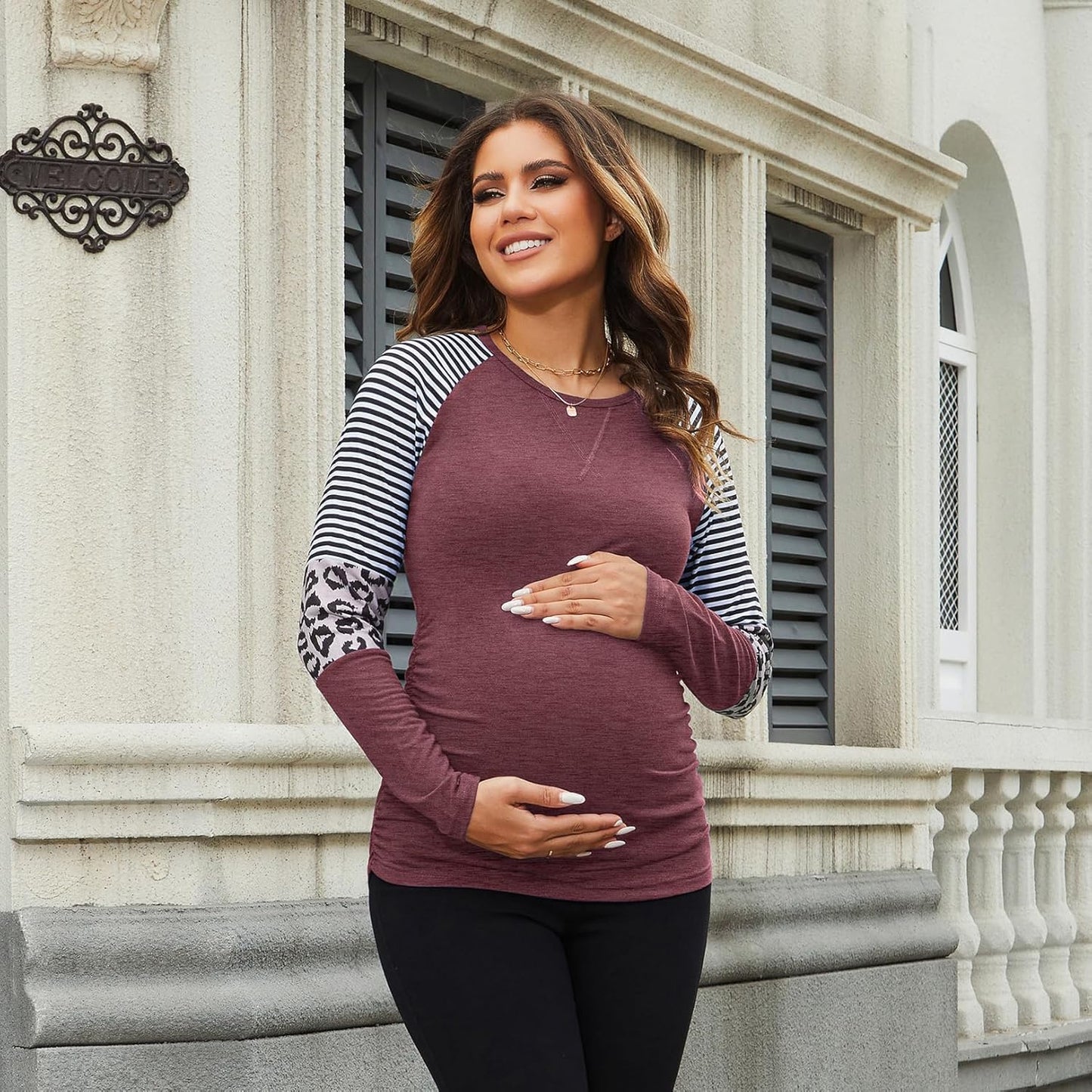 Long Sleeve Maternity T-Shirt Colorblock Baseball Tee Casual Pregnancy Tunic Top