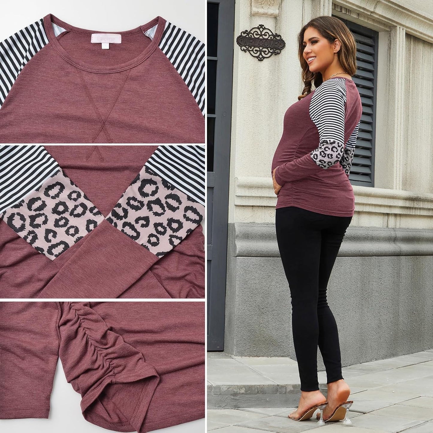 Long Sleeve Maternity T-Shirt Colorblock Baseball Tee Casual Pregnancy Tunic Top