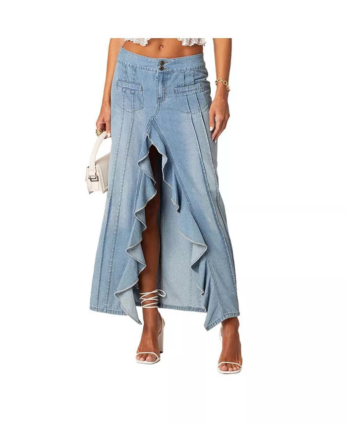 Women'S Valencia Ruffle Slitted Denim Maxi Skirt