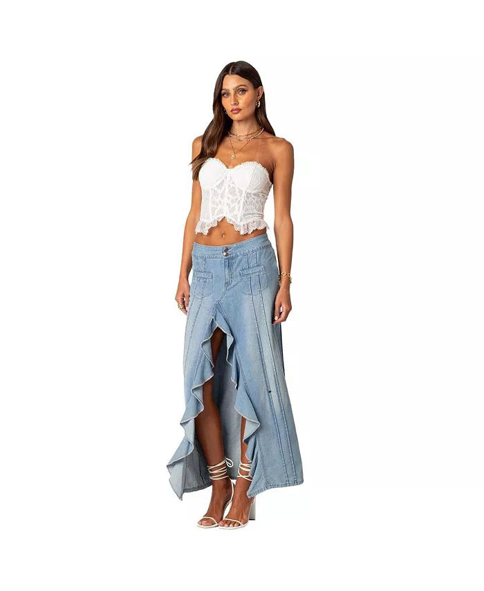 Women'S Valencia Ruffle Slitted Denim Maxi Skirt