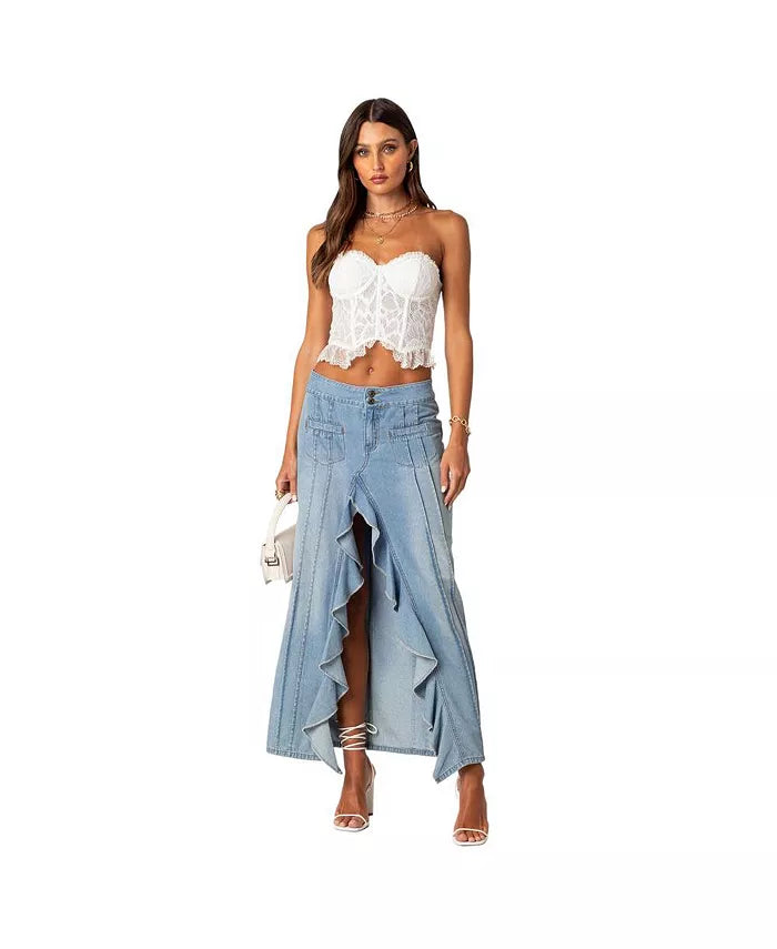 Women'S Valencia Ruffle Slitted Denim Maxi Skirt
