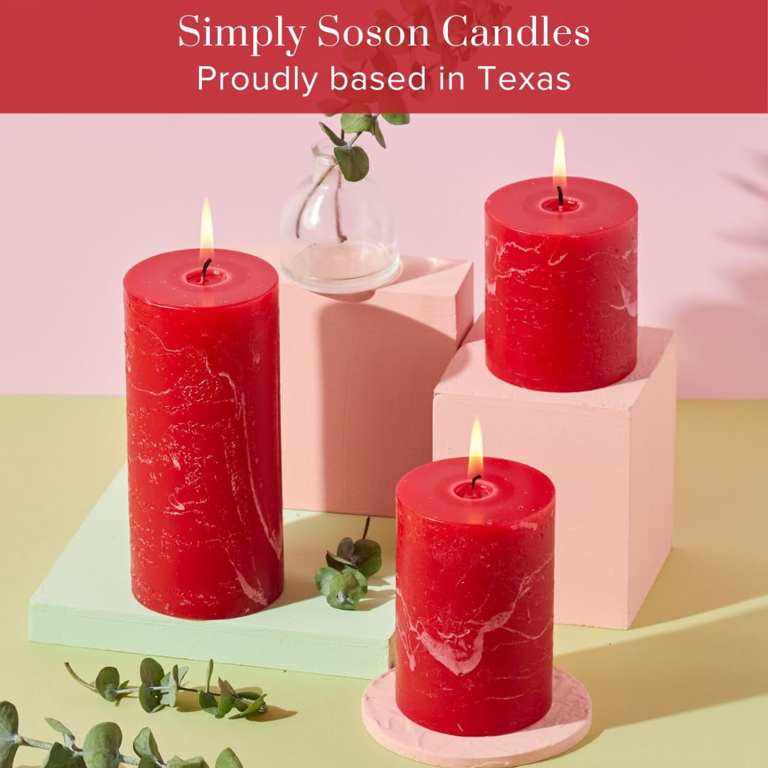 Red Rustic Texture Pillar Candles - 3X4 Inch Set of 3 - Unscented Decorative Large Candles for Home Decor, Weddings, Holidays