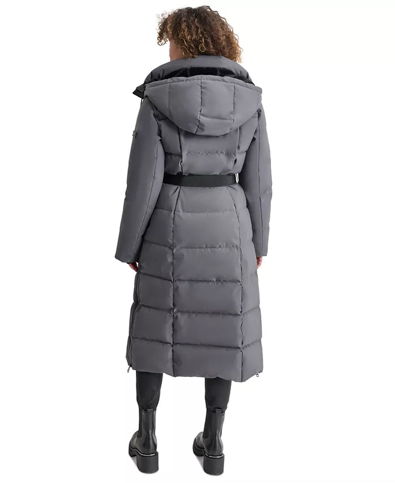 Womens Maxi Belted Hooded Puffer Coat