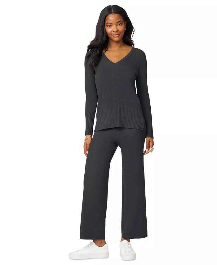 Petite Ribbed-Knit V-Neck Tunic & Pant Sweater Set
