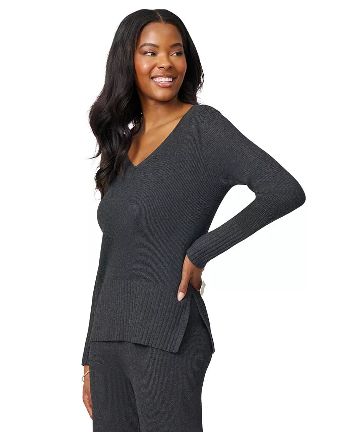 Petite Ribbed-Knit V-Neck Tunic & Pant Sweater Set