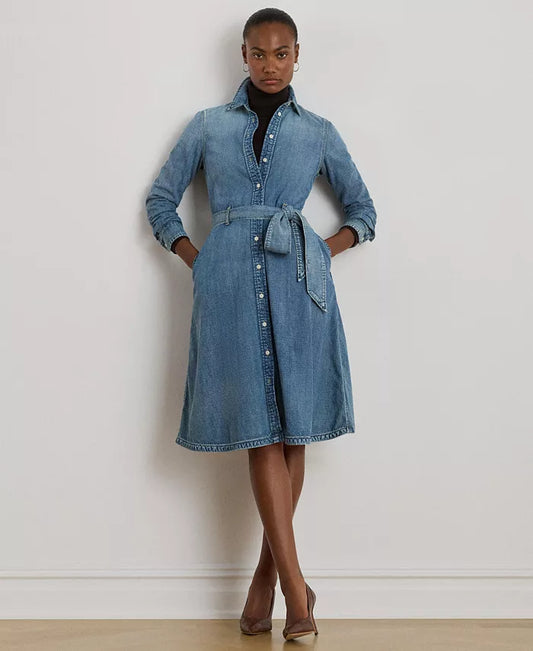 Women'S Belted Denim Shirtdress