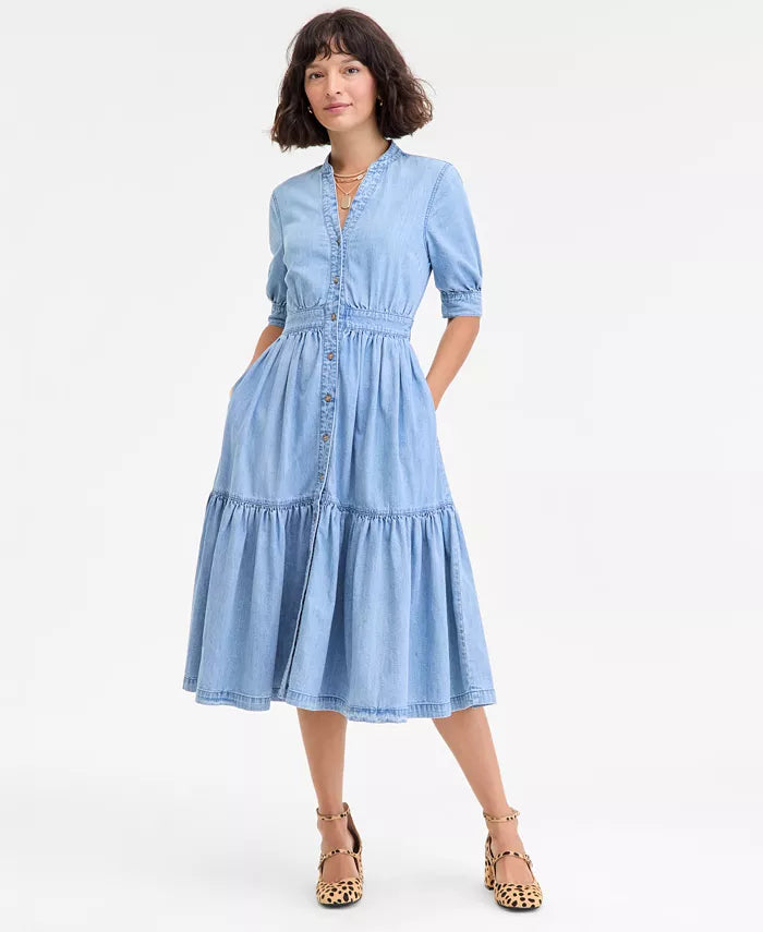 Women'S Denim Puff-Sleeve Midi Dress, Macy'S Exclusive