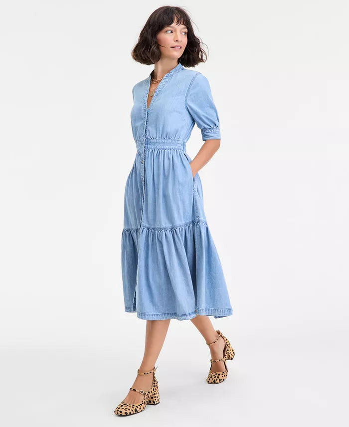 Women'S Denim Puff-Sleeve Midi Dress, Macy'S Exclusive