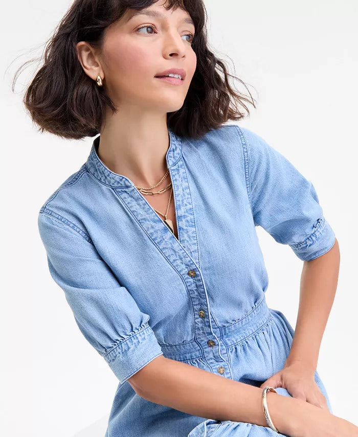 Women'S Denim Puff-Sleeve Midi Dress, Macy'S Exclusive