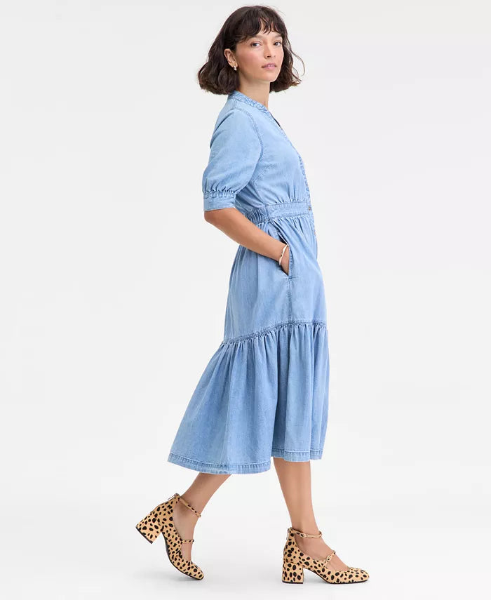 Women'S Denim Puff-Sleeve Midi Dress, Macy'S Exclusive