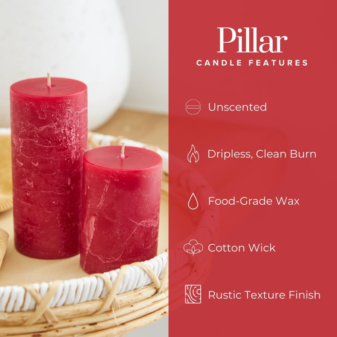 Red Rustic Texture Pillar Candles - 3X4 Inch Set of 3 - Unscented Decorative Large Candles for Home Decor, Weddings, Holidays