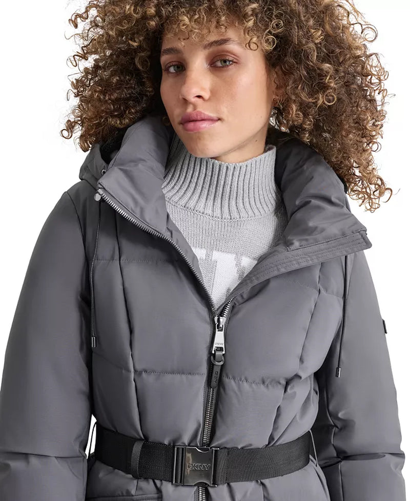 Womens Maxi Belted Hooded Puffer Coat
