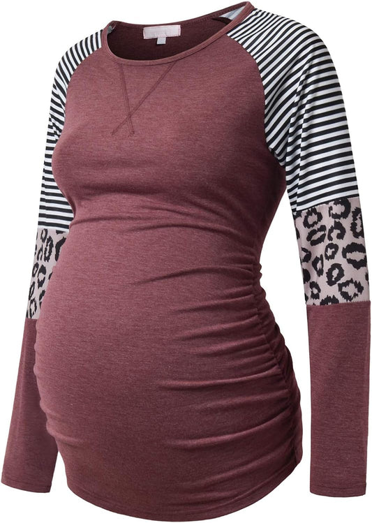 Long Sleeve Maternity T-Shirt Colorblock Baseball Tee Casual Pregnancy Tunic Top