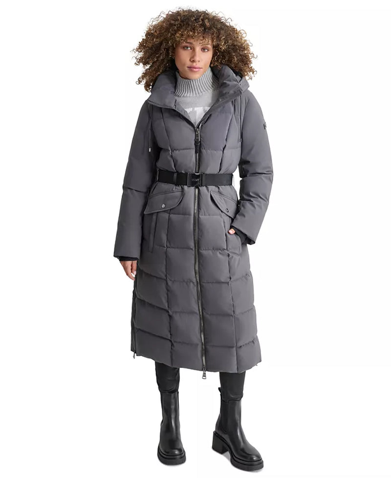 Womens Maxi Belted Hooded Puffer Coat