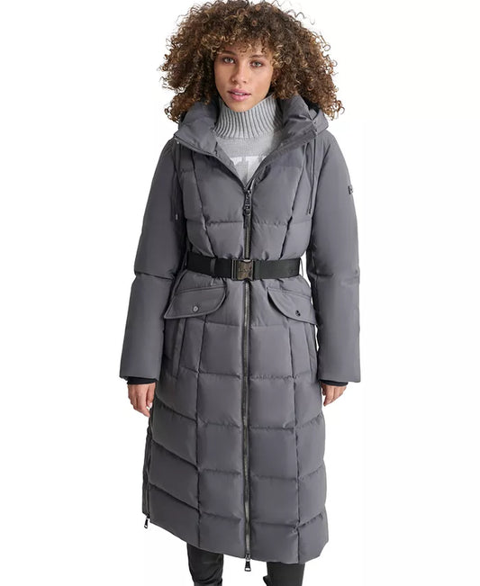 Womens Maxi Belted Hooded Puffer Coat