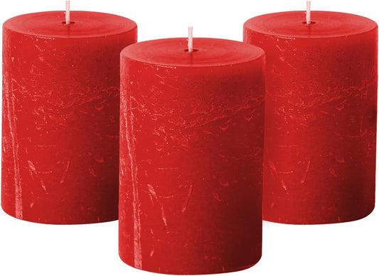 Red Rustic Texture Pillar Candles - 3X4 Inch Set of 3 - Unscented Decorative Large Candles for Home Decor, Weddings, Holidays