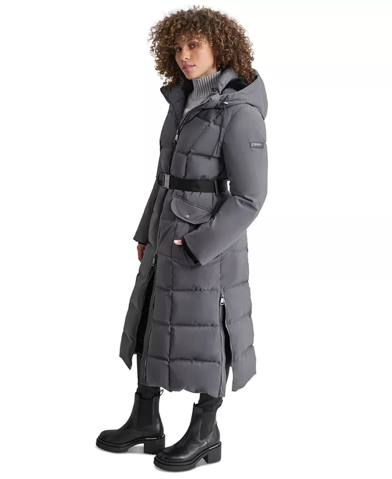 Womens Maxi Belted Hooded Puffer Coat